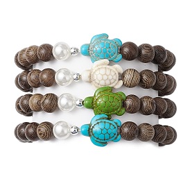 Synthetic Howlite & Turquoise Beaded Stretch Bracelets, with ABS Plastic Imitation Pearl Round Beads & Wood Beads, Sea Turtle