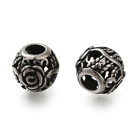 304 Stainless Steel European Beads, Large Hole Beads, Round with Rose