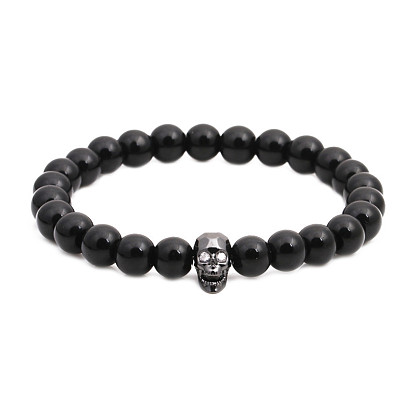 Skull Crown Bracelet with Micro Pave Zirconia and 8mm Black Agate Stone Set for Men's Fashion Jewelry