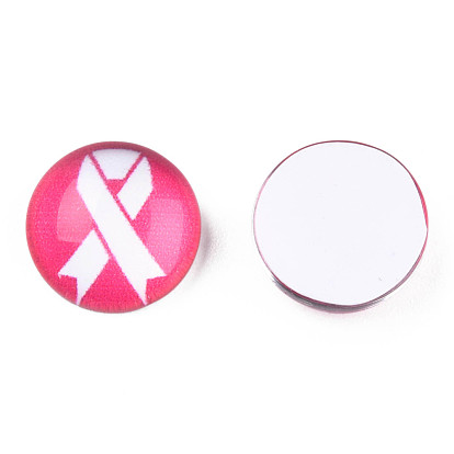 Glass Cabochons, Half Round/Dome with Pink Breast Cancer Pink Awareness Ribbon Pattern