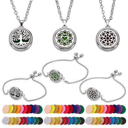 3 шт. 3 стили плоские круглые диффузоры из нержавеющей стали с подвесками для эфирных масел, комплект из ожерелий и браслетов, с плоскими круглыми парфюмерными подушечками