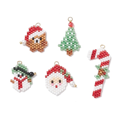 5шт. 5 стили подвески из стеклянного бисера на рождественскую тематику, с 304 кольцами из нержавеющей стали