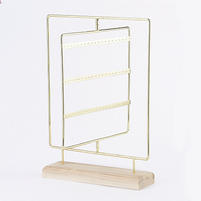 Rotating Iron 3-Tier Earring Display Stand, for Hanging Dangle Earring, with Wood Pedestal, Rectangle