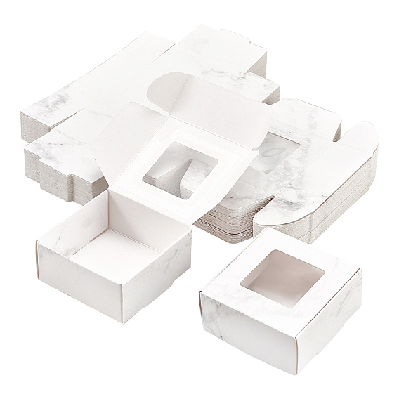 Paper Candy Boxes, with Square Window, Bakery Box, Baby Shower Gift Box, Square with Marble Pattern