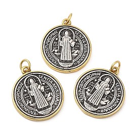 Brass Pendants, with Jump Ring, Long-Lasting Plated, Lead Free & Cadmium Free, Flat Round with Cssml Ndsmd Cross God Father Religious Christianity