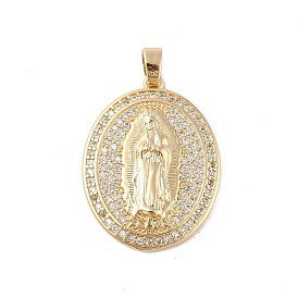 Brass Clear Cubic Zirconia Pendants, Long-Lasting Plated, Oval with Holy Virgin Charms, Golden