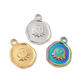 Ion Plating(IP) 304 Stainless Steel Pendants, Flat Round with Octopus Charm