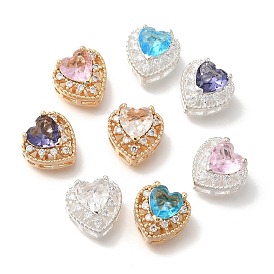 Rack Plating Brass Micro Pave Cubic Zirconia Beads, with Glass, Long-Lasting Plated, Lead Free & Cadmium Free, Heart