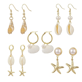 5 Pair 5 Style Natural Shell with Pearl Beaded Drop Earrings, Golden 304 Stainless Steel Starfish Dangle Hoop & Stud Earrings for Women