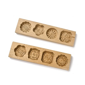 Flower Pattern Beech Wooden Press Mooncake Mold, Chinese Characters Pastry Mould, 4 Cavities Cake Mold Baking