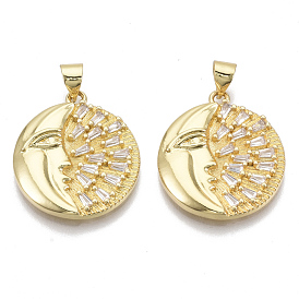 Brass Micro Pave Cubic Zirconia Pendants, Nickel Free, Flat Round with Moon