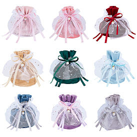 Velvet Jewelry Drawstring Gift Bags, with Plastic Imitation Pearl & Star Yarn Skirt Design, Wedding Favor Candy Bags