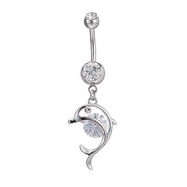 Piercing Jewelry Real Platinum Plated Brass Rhinestone Dolphin Navel Ring Belly Rings, 51x16mm