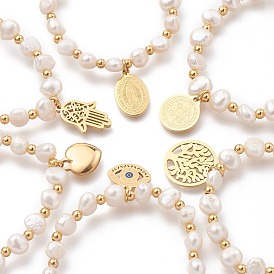 304 bracelets en acier inoxydable, avec des perles de pépites de perles naturelles, formes mixtes, couleur de coquillage