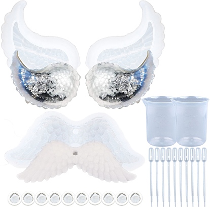 Angel Wing Jewelry Tray Silicone Molds, Resin Casting Molds, For UV Resin, Epoxy Resin Jewelry Making, with DIY 3-Layer Metal Stand Holder, Disposable Plastic Transfer Pipettes