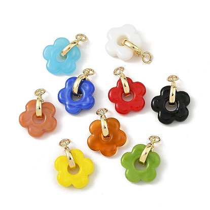Handmade Lampwork & Brass Pendants, with 304 Stainless Steel Open Jump Rings, Flower Charms, Golden