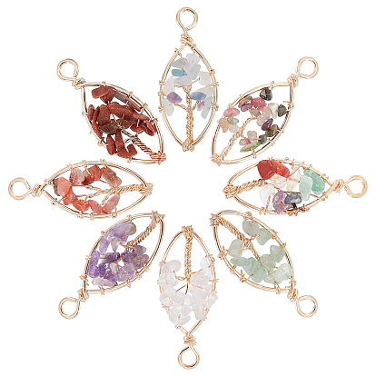 8Pcs 8 Style Natural & Synthetic Gemstone Pendants, Brass Wire Wrapped, Tree, Oval