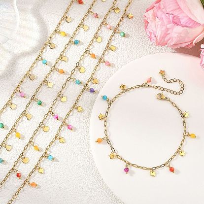 Dyed Natural Freshwater Shell Anklets, Heart, with 304/201 Stainless Steel Charms, PVD Vacuum Plating 304 Stainless Steel Paperclip Chains and Lobster Claw Clasps