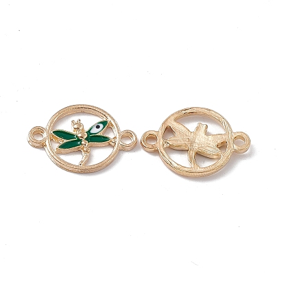 Alloy Enamel Connector Charms, Flat Round Links with Green Evil Eye Dragonfly