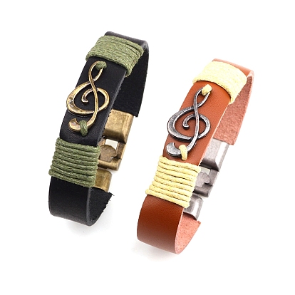 Alloy Musical Note Link Bracelet with Leather Cords, for Men