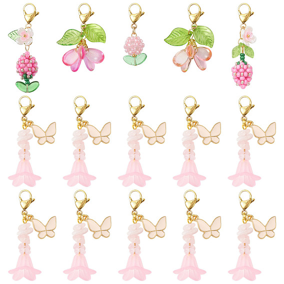 15Pcs 6 Styles Glass & Seed Beads Pendant Decorations, with Lobster Claw Clasps
