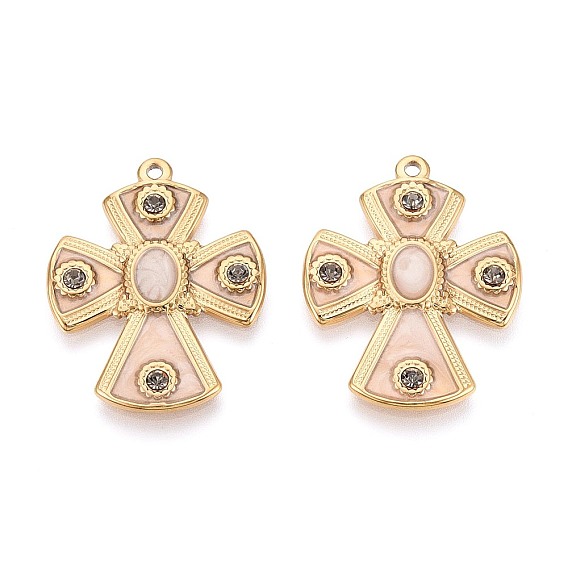 304 Stainless Steel with Enamel Pendants, Cross Charms, Ion Plating(IP), with Rhinestone, Real 18K Gold Plated