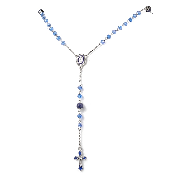 Круглые четки из натурального лазурита и стекла, Подвеска-крест с изображением Девы Марии из сплава и синей эмали 304 ожерелья из нержавеющей стали с цепочкой