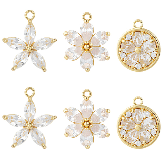 6 шт 3 стили латунные микропаве прозрачные кубические циркониевые подвески, цветок