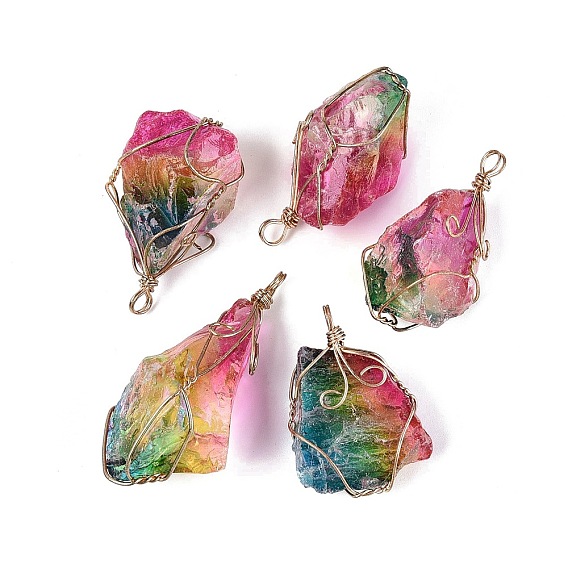 Raw Rough Natural Quartz Crystal Big Pendants, Nuggets Charms, with Iron Wire Wrapped, Dyed, Golden