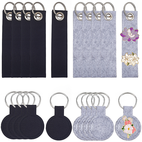 20Pcs 4 Styles Polyester Keychains, with Alloy Rings, Flat Round & Rectangle, Platinum