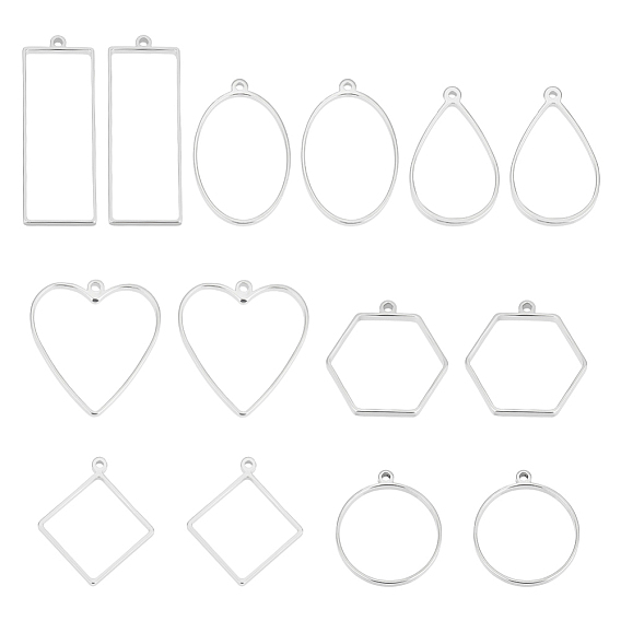 14 шт. 7 стили 304 подвески из нержавеющей стали с открытой задней частью, для diy уф смолы, эпоксидная смола, Прессованные цветочные украшения, сердце и шестиугольник и ромб, цвет нержавеющей стали