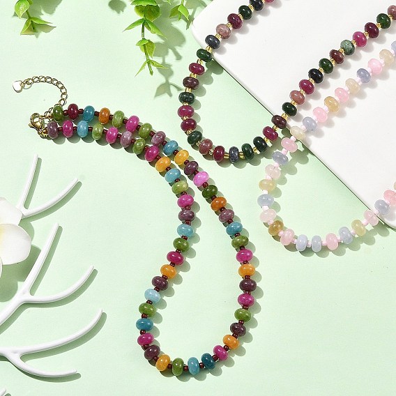 Rainbow Color Dyed Natural White Jade Rondelle Beaded Necklaces with Glass Seed Beads for Women, Golden
