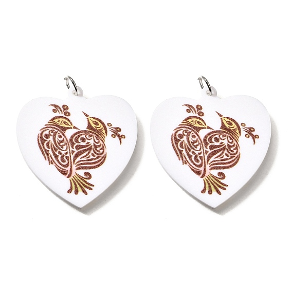Печатные акриловые подвески, сердце и сорока, с платиновой железной петлей