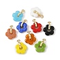 Handmade Lampwork & Brass Pendants, with 304 Stainless Steel Open Jump Rings, Flower Charms, Golden