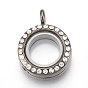 Alloy Magnetic Locket Pendants, with Rhinestone and Glass, Flat Round, Crystal