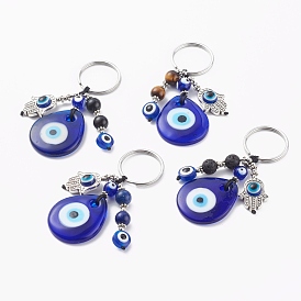 Porte-clés au chalumeau en forme de larme, avec des perles naturelles de pierres précieuses, perles de résine et 316 porte-clés fendus en acier inoxydable chirurgical, Hamsa main, bleu