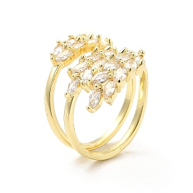 Clear Cubic Zirconia Leaf Open Cuff Rings, Brass Jewelry for Women