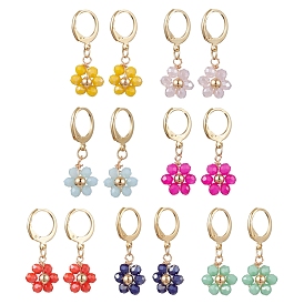 7 Pairs 7 Colors Golden Alloy Leverback Earrings, Flower Glass Drop Earrings