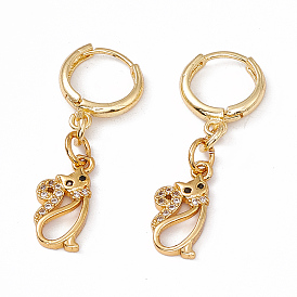 Cubic Zirconia Cat Dangle Hoop Earrings, Rack Plating Brass Jewelry for Women