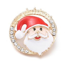 Golden Plated Alloy Brooches, with Crystal Rhinestone and Enamel, Santa Claus Head, for Christmas