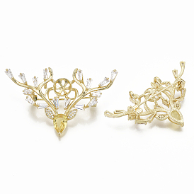 Brass Micro Pave Cubic Zirconia Brooch Findings, For Half Drilled Beads, Christmas Reindeer/Stag, Nickel Free