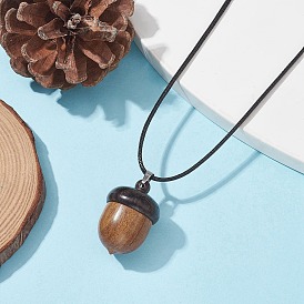 Acorn Shape Ebony Wood Locket Pendant Necklace with Wax Cords, Openable Storage Box Necklace for Women