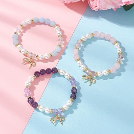 Браслеты с подвесками-бантиками из латуни, Женские браслеты из круглых бусин из натуральных драгоценных камней, стекла и ракушек