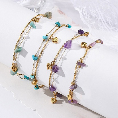 Стиль богема 304 многорядные браслеты из нержавеющей стали с цепочкой, браслеты из натуральных драгоценных камней и сердечек для женщин, с пластиковой имитационной жемчужиной