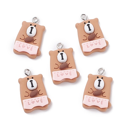 Opaque Resin Pendants, with Platinum Tone Iron Loops, Bear
