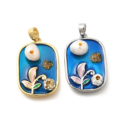 Латунные подвески-прямоугольники с синей блестящей эмалью, подвески-цветы из натурального пресноводного жемчуга, с полимерной глиной горный хрусталь