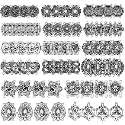 64Pcs 16 Styles Tibetan Style Alloy Multi-Strand Links, 4-Hole, Antique Silver