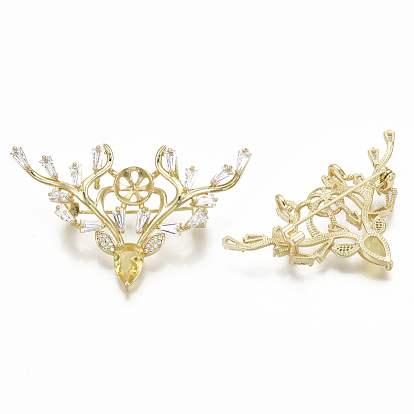 Brass Micro Pave Cubic Zirconia Brooch Findings, For Half Drilled Beads, Christmas Reindeer/Stag, Nickel Free
