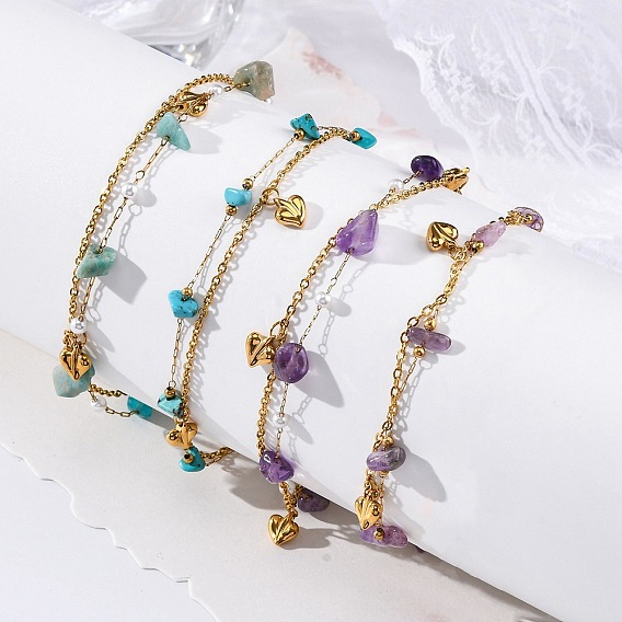 Стиль богема 304 многорядные браслеты из нержавеющей стали с цепочкой, браслеты из натуральных драгоценных камней и сердечек для женщин, с пластиковой имитационной жемчужиной