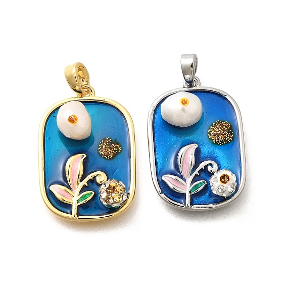Латунные подвески-прямоугольники с синей блестящей эмалью, подвески-цветы из натурального пресноводного жемчуга, с полимерной глиной горный хрусталь